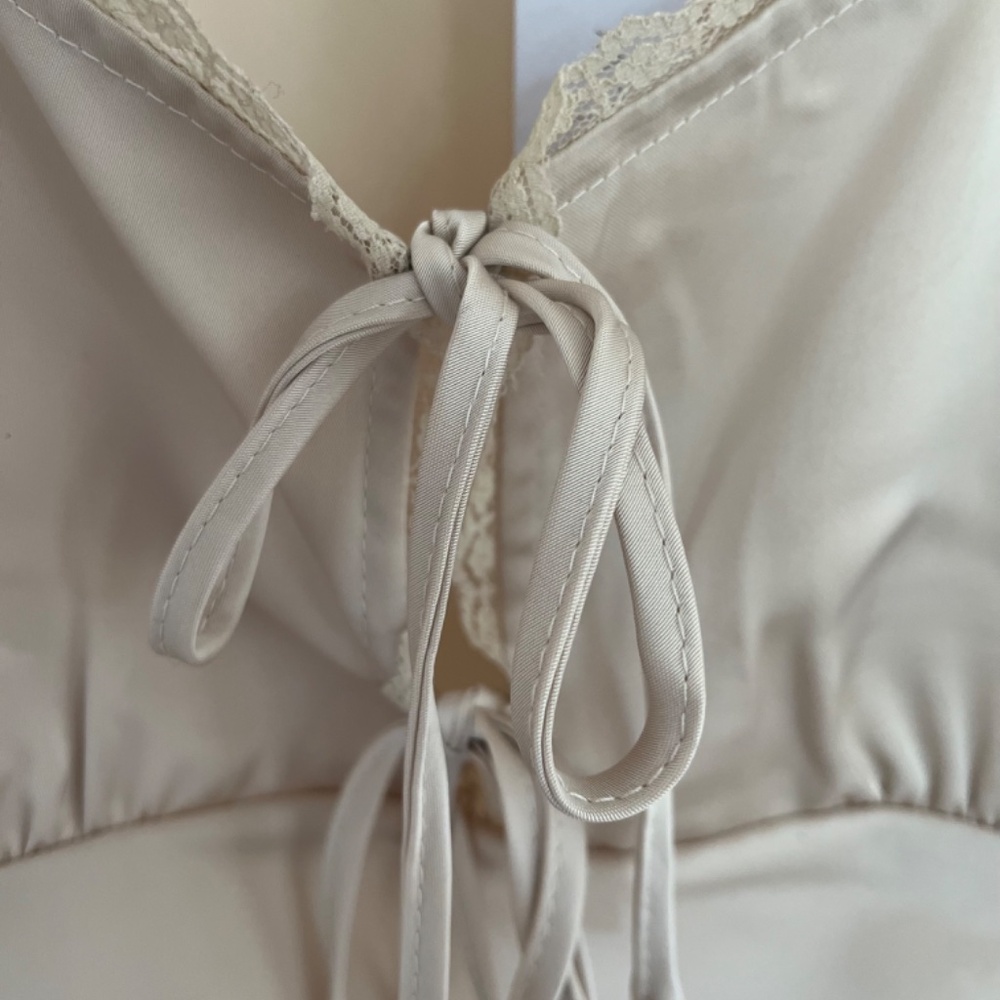 REVOLVE Ton Blouse Tie Front Long Sleeve Lace Trim Satin - Picture 6 of 9
